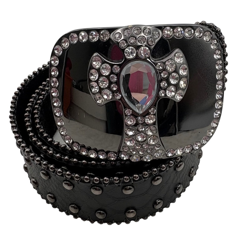 Rhinestone Cross Buckle Belt Womens 38 Black Studded Y2K Gunmetal